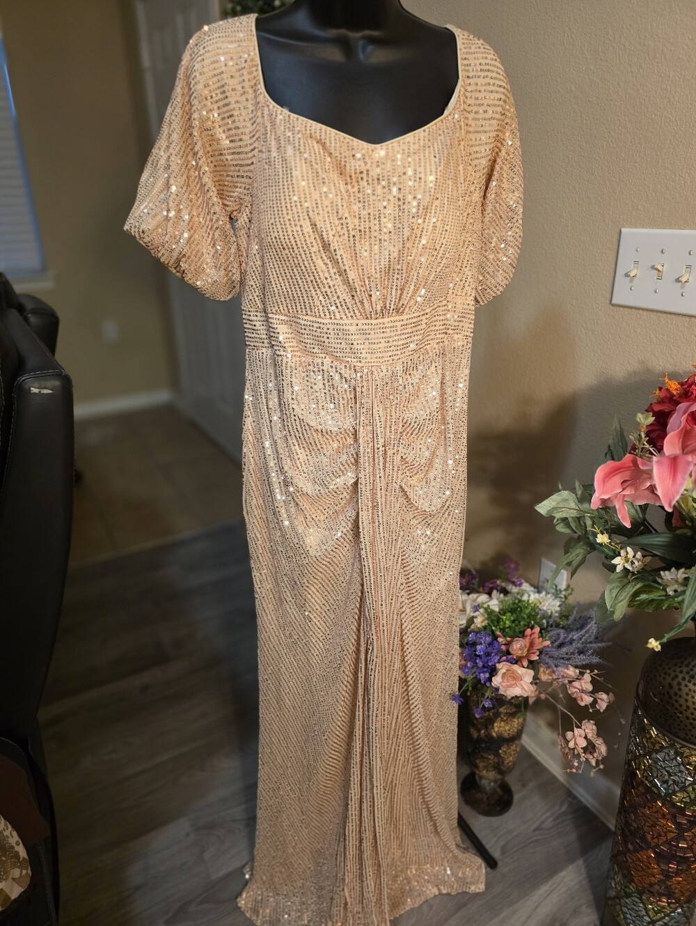 Peach Sequin Maxi Dress with Scoop Neck